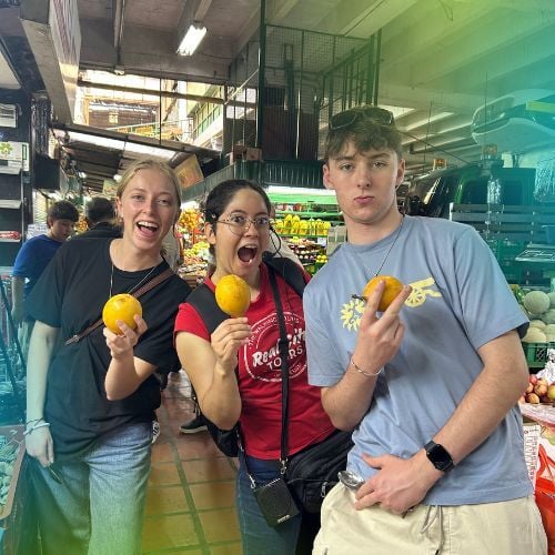 Trying different fruits on an exotic fruit tour during an internship in Colombia
