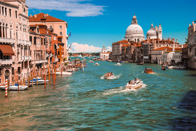 The city of Venice has canals and gondolas.