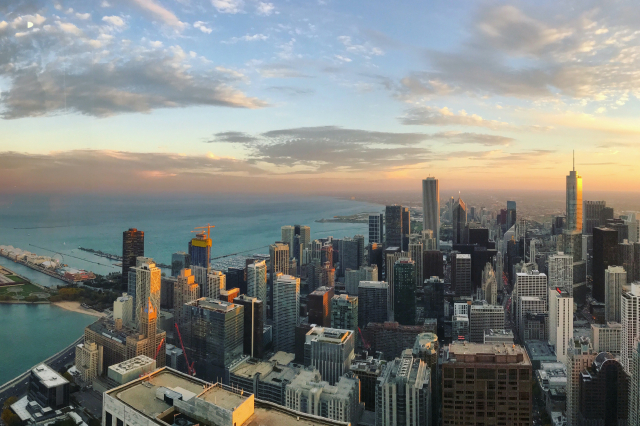 The Chicago skyline from above at sunset