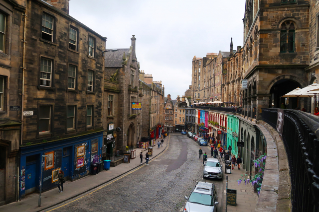 a street lined with stone buildings in Scotland