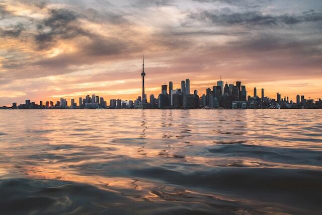 A view of Toronto, Canada at sunset from the water