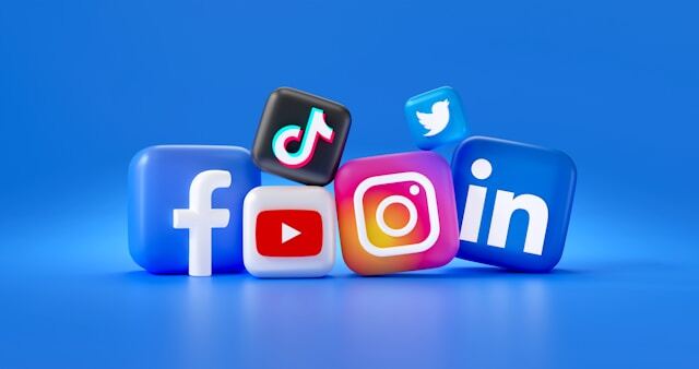 Various social media logos including Instagram and TikTok.