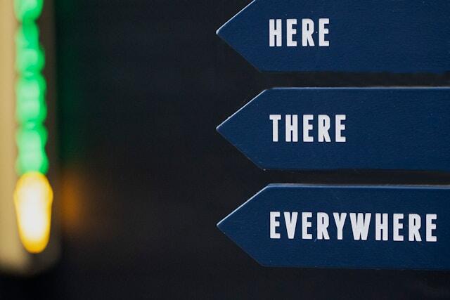 A directional sign post that reads 'here, there, everywhere.'
