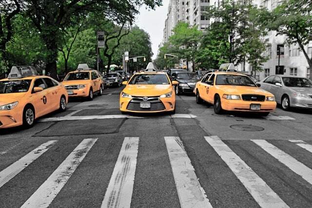 Yellow taxis lined up in New York.