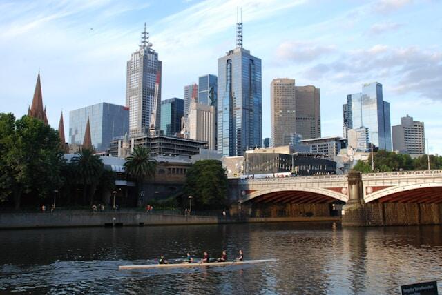 Skyscrapers and a river in Melbourne, Australia.