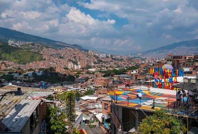 Medellin, Colombia's skyline showing colorful buildings.