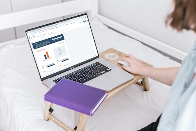 A young professional budgeting online for their internship abroad.