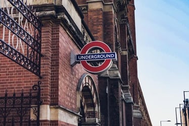 The Underground sign outside St Pancras Station in London.