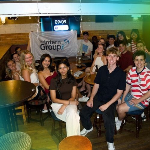 Meeting other interns in a traditional pub during a marketing internship in the UK