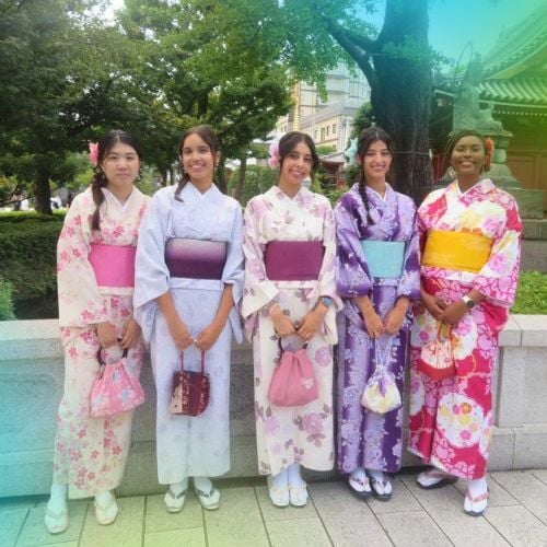 Trying on kimonos during a HR internship in Tokyo