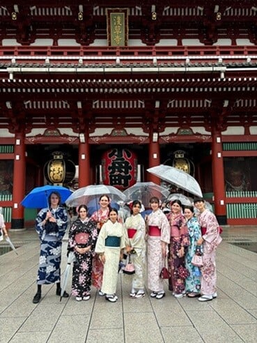 Interns enjoying their time in Tokyo, participating in Japanese culture by wearing kimonos.