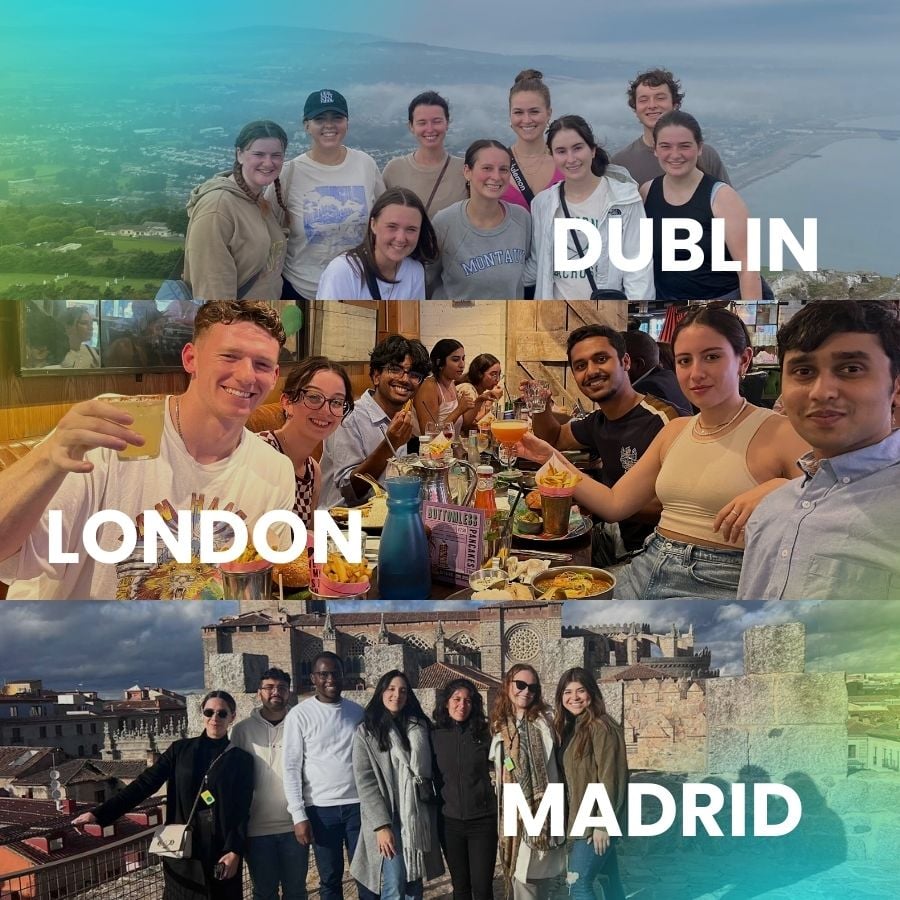 Groups of interns in Dublin, London, and Madrid during a summer tour of Europe