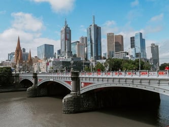 A view of the skyline in Melbourne by the river.