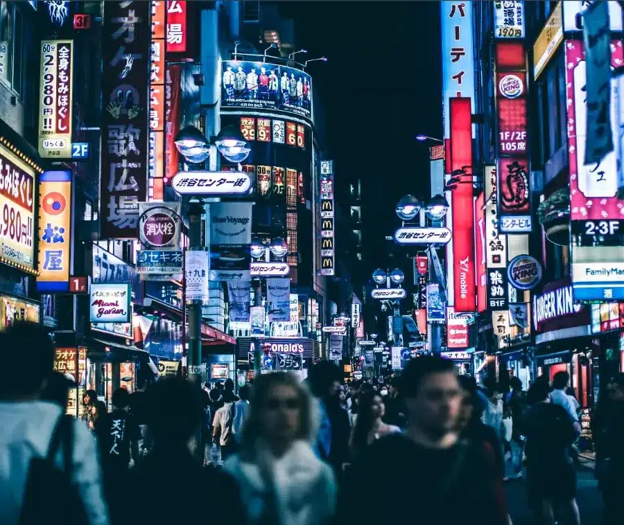 Walking through Tokyo at night during a foreign language internship in Japan