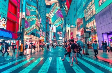 A busy shopping district in Tokyo, Japan.