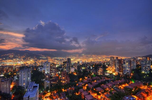 The skyline of Medellin, Colombia at sunset.