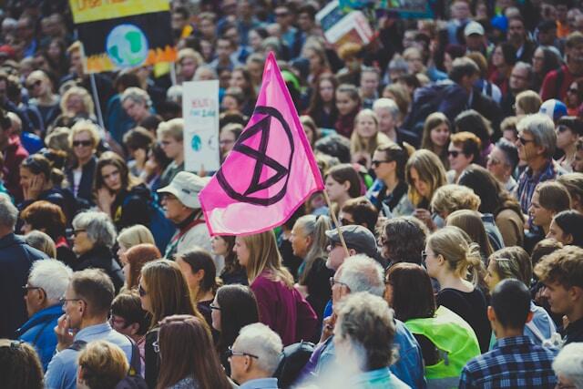 A crowd at a climate change protest. Many are holding signs calling for the climate crisis to be acted upon.