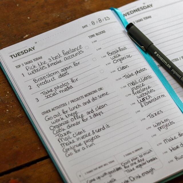 A work diary full of notes and to-do lists for different points in the day.